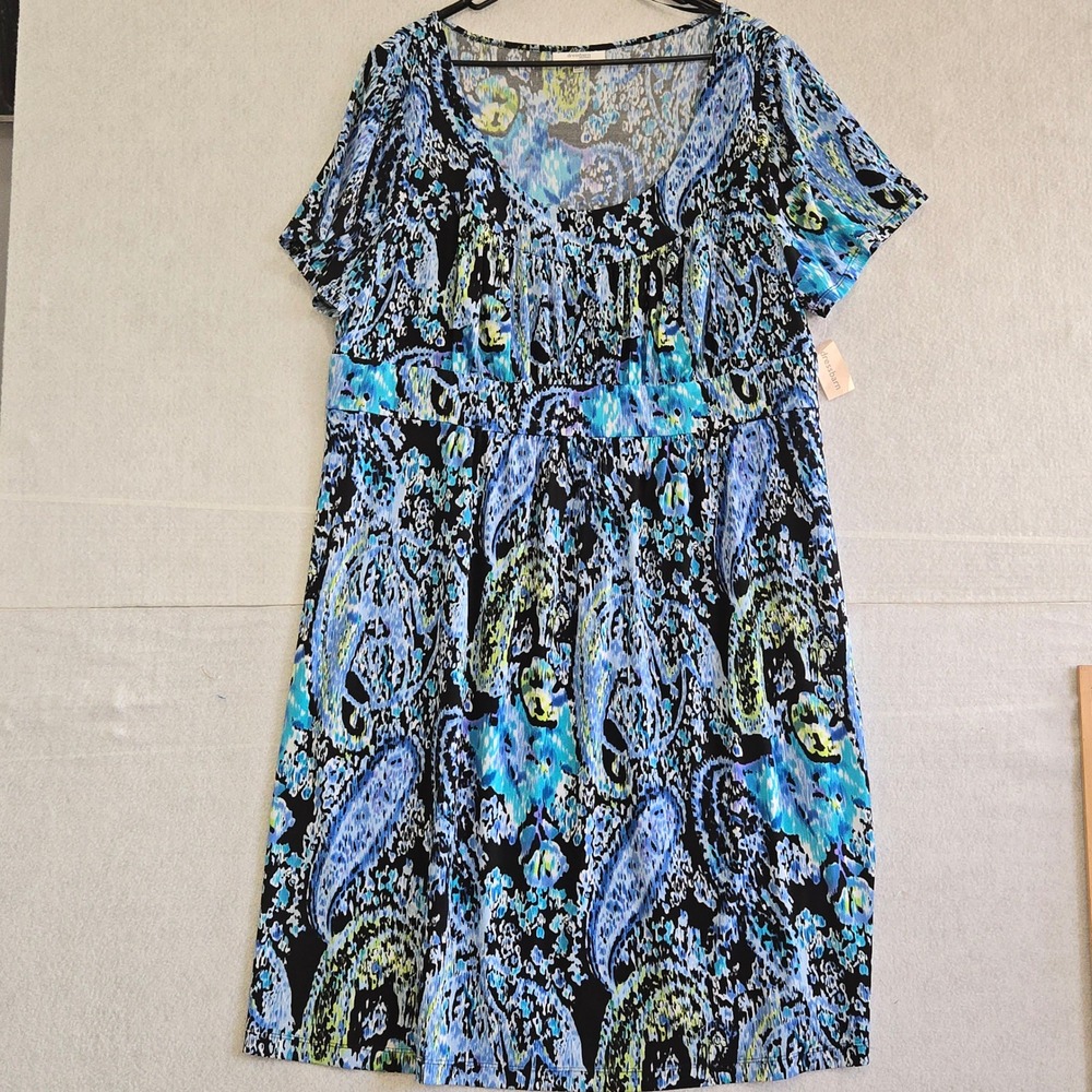 Dressbarn Woman 22W Blue Paisley Abstract Short Sleeve Empire Waist Dress NWT